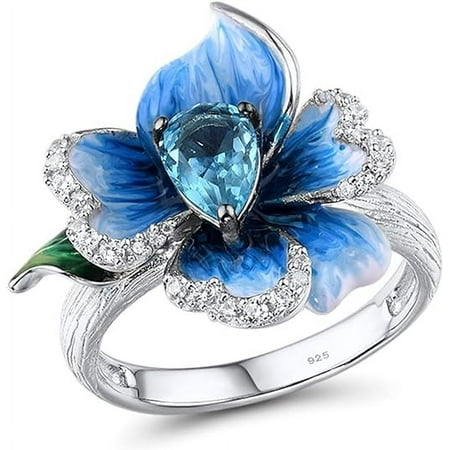 Santuzza Peony Ring 925 Sterling Silver Blue Glass Handmade Enamel Flower Ring for Women