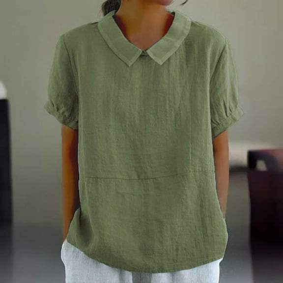 Cardigan Sweaters For Women Summer Solid Color Top, Cotton And Linen Short Sleeve Lapel Casual Flax Blouse 1pc , Green L, Size S-3XL