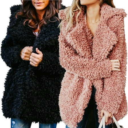 - Womens Coat Long Sleeve Lapel Open Front Parka Shaggy Faux Fur Coat Jacket, Pink
