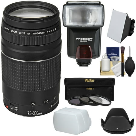 Canon EF 75-300mm f/4-5.6 III Zoom Lens with 3 Filters + Hood + Flash & 2 Diffusers + Kit for EOS 5D Mark II III, 6D, 7D, 70D, Rebel T3, T3i, T5, T5i, SL1