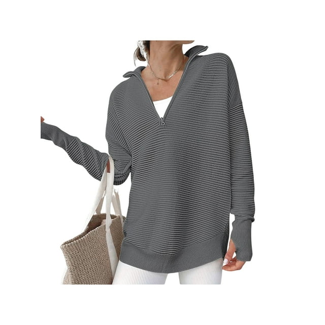 Women'S Long Sleeve Quarter Zip Pullover Sweater Casual Loose V Neck Collared Ribbed Knit Tops Dark Gray M