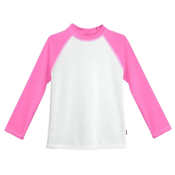 Girls UPF 50  Color Block Long Sleeve Rashguard | White with Medium Pink