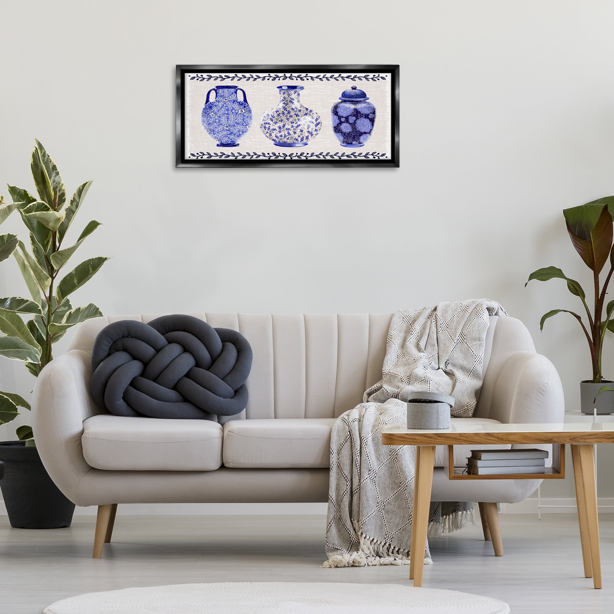 Stupell Industries Traditional Blue Vases Plants & Flowers Painting Black Floater Framed Canvas Art Print Wall Art, 31 x 14