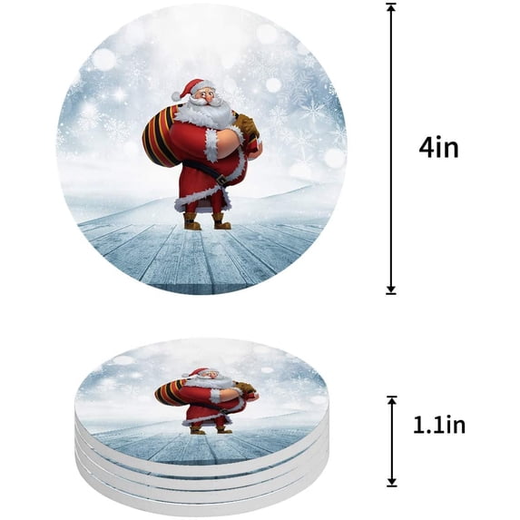 FMSHPON Merry Christmas Santa Claus Set of 8 Round Coaster for Drinks, Absorbent Ceramic Stone Coasters Cup Mat with Cork Base for Home Kitchen Room Coffee Table Bar Decor