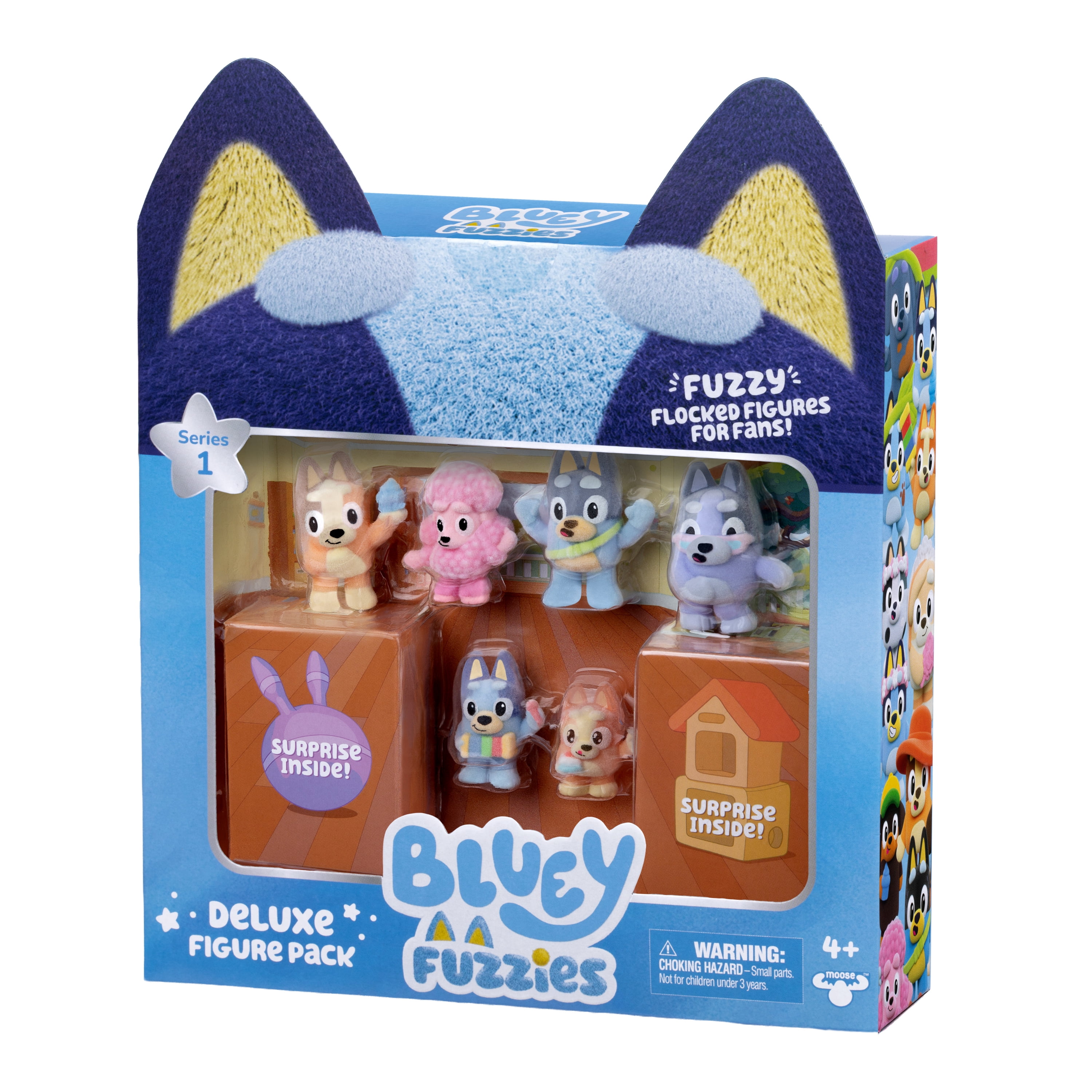 Bluey Fuzzies Deluxe Figure Pack. 6 Flocked Collectibles. Incl. 2 Surprise Figures (Blind Pack), Trading Card, and Collector's Guide. Ages 4+