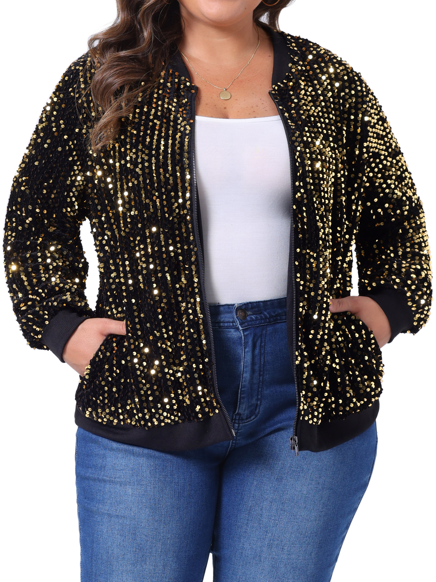 DARING DIVA Plus Size Sequin Sparkle Long Sleeve Front Zip Bomber Jacket 2X Gold