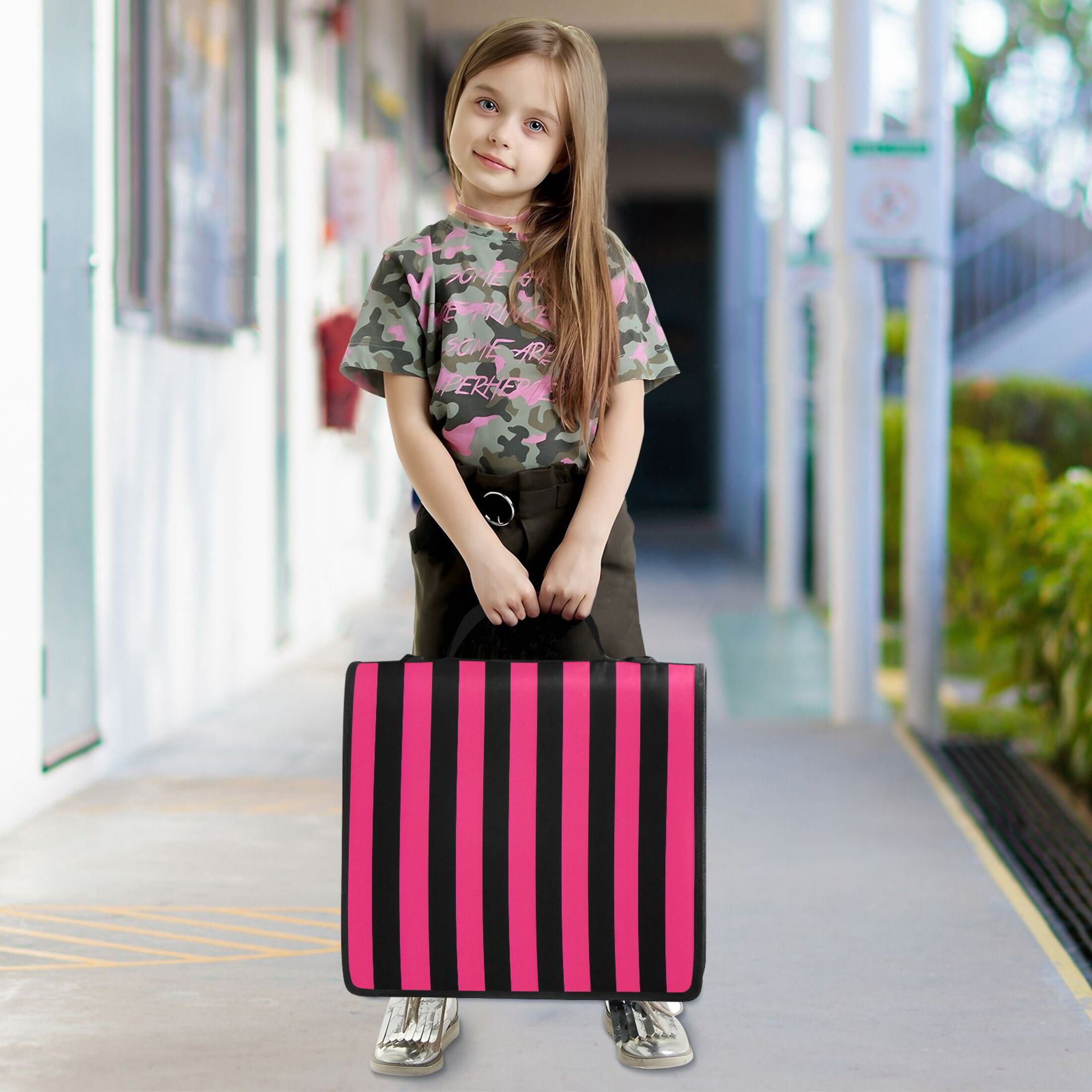 ALAZA Zipper Binder Pink and Black Stripe Pattern 3 Ring Trapper Keeper File Folder Organizer Bag