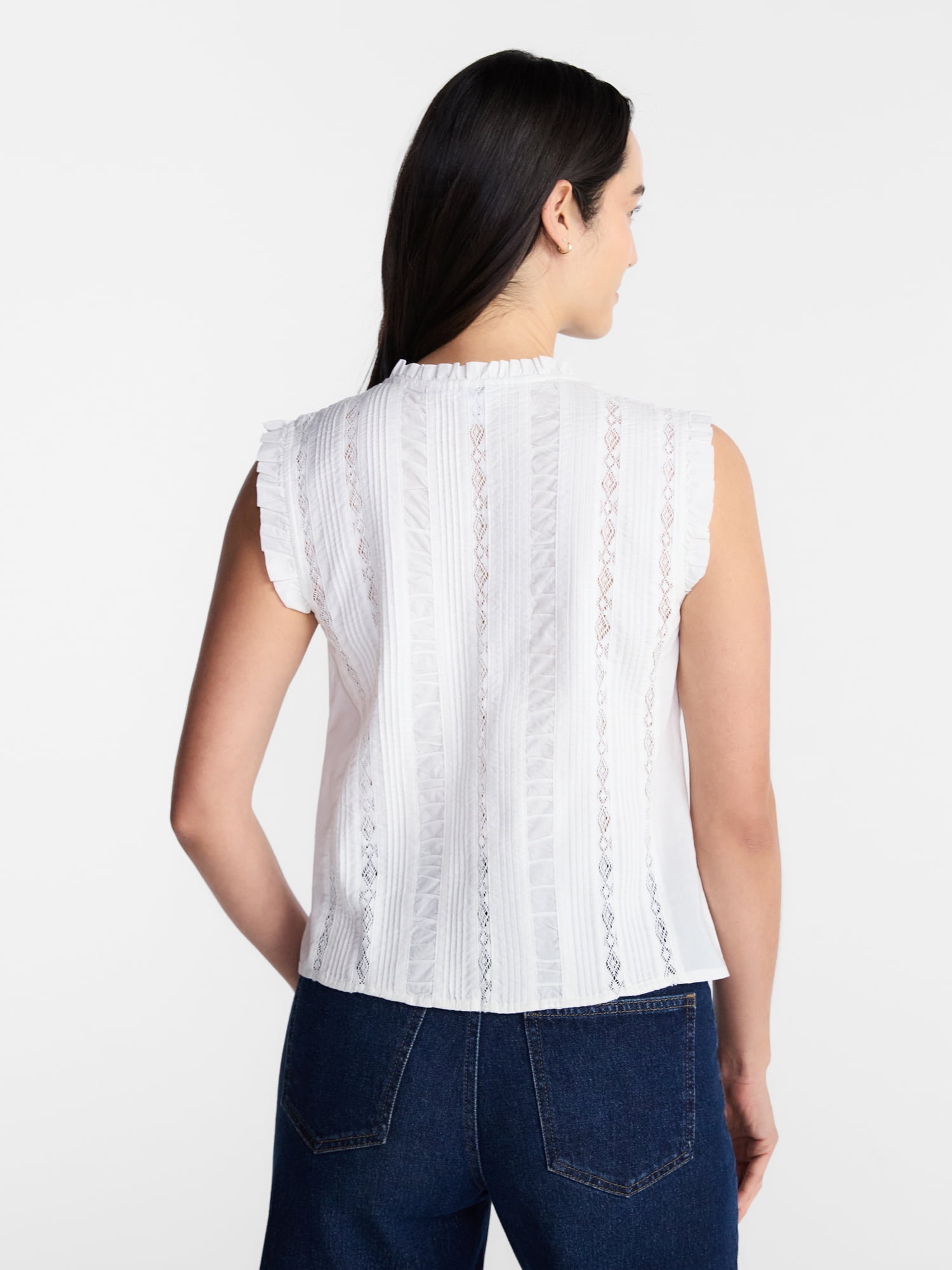 Time and Tru Women's Lace Inset Sleeveless Cotton Top, Sizes XS-XXXL