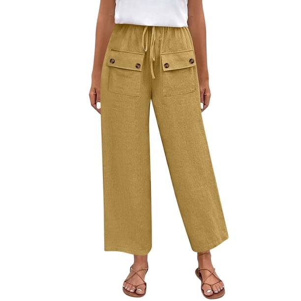 Pantalones Elásticos de Cintura para Mujeres Pantalones Largos de Cordón de Mezcla de Lino Sólido con Bolsillos Laterales Casual, Pantalones de Lino de Mujer con Bolsillos