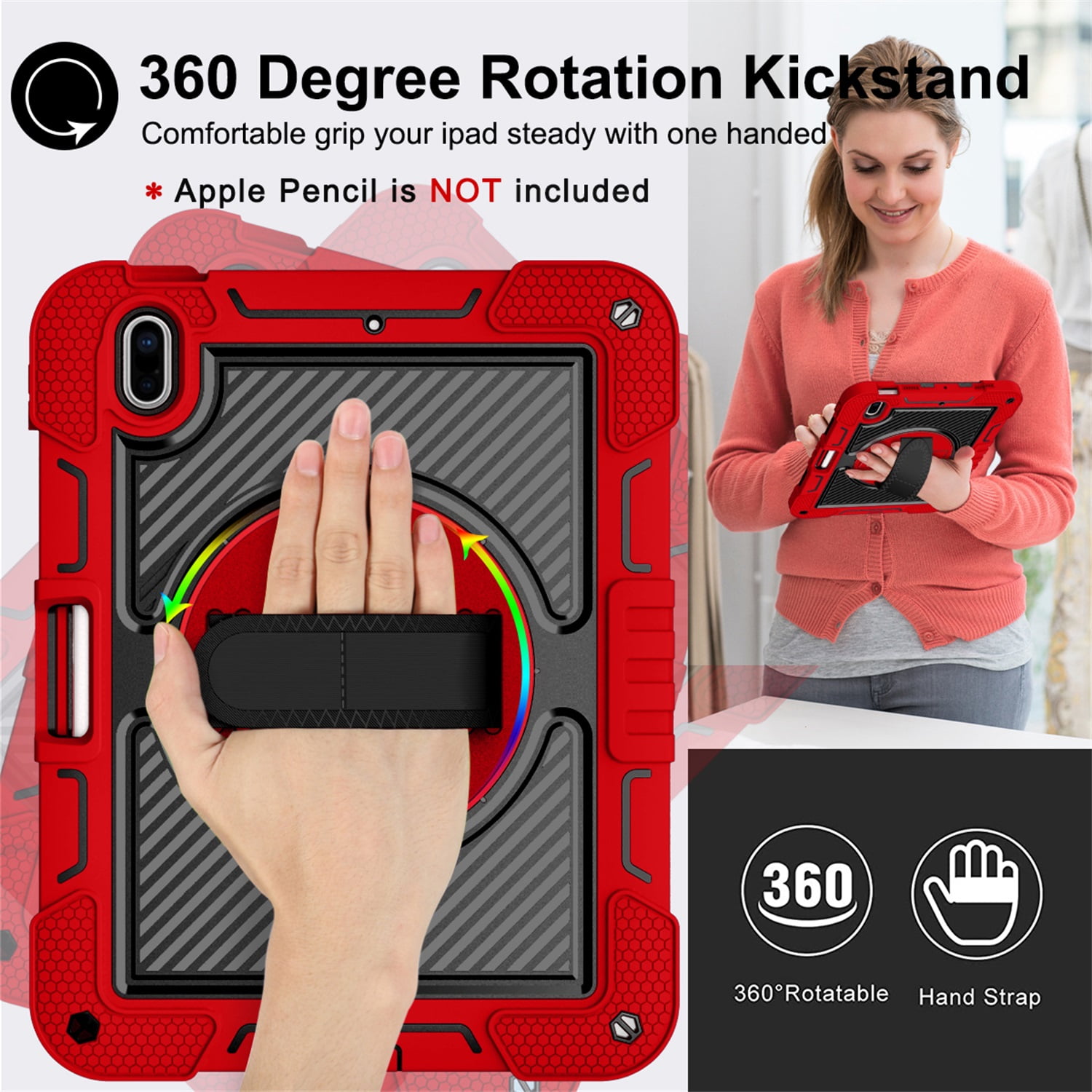 Tarise Case for Apple iPad 10th Generation 10.9 inch (2022), 360° Rotating Kickstand with Pencil Holder/ Hand Strap/ Shoulder Strap Hard PC Rugged Silicone Shockproof Bumper Stand Cover, Red+Black