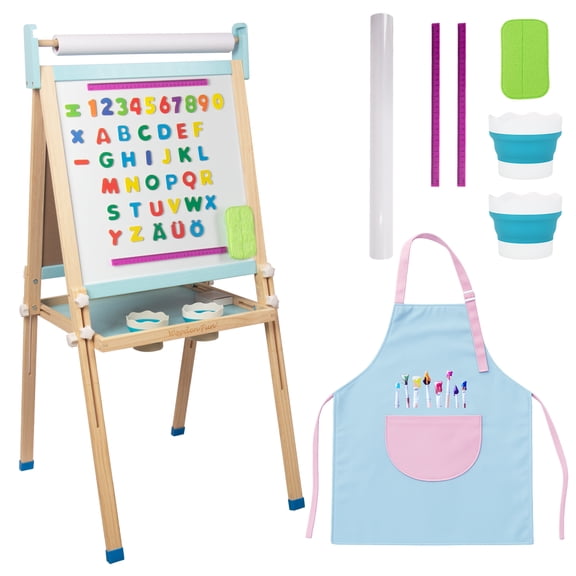 Kids Wooden Easel with Paper Roll, Adjustable Magnetic Double Sided Drawing Board Whiteboard & Chalkboard Dry Easel Board, Children Art Easel for 3-12 Years Kids Boys Girls Painting Drawing