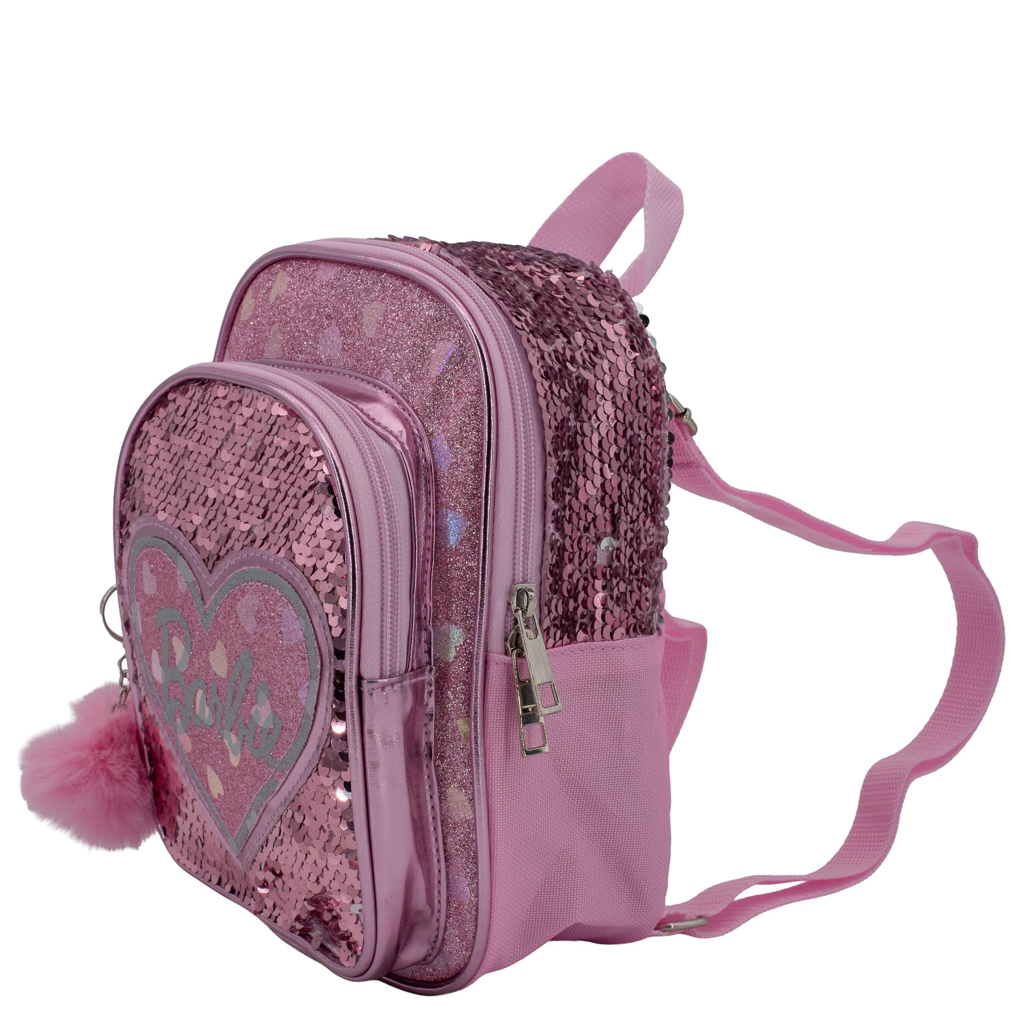 Barbie 9” Micro Mini Backpack Purse Featuring a 3D Heat Logo Patch, Sequins & Glitter PU, & Pompom Dangle, Pink