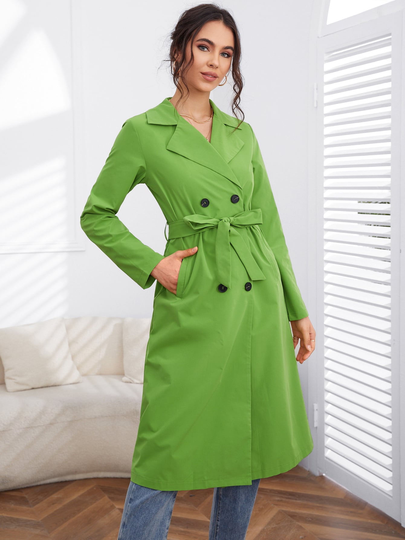 bright green trench coat