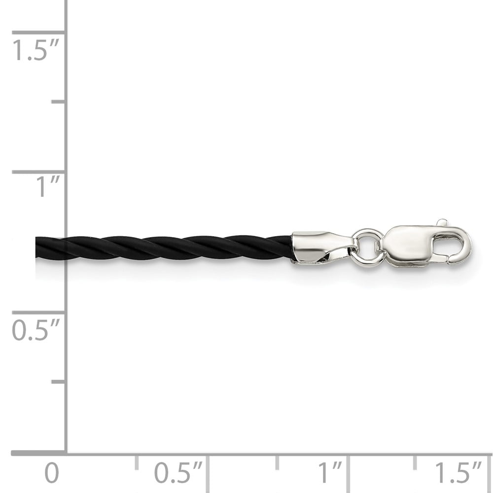 925 Sterling Silver Cord & Leather Chain Necklace 16 inch 2 mm Black Twisted Rubber