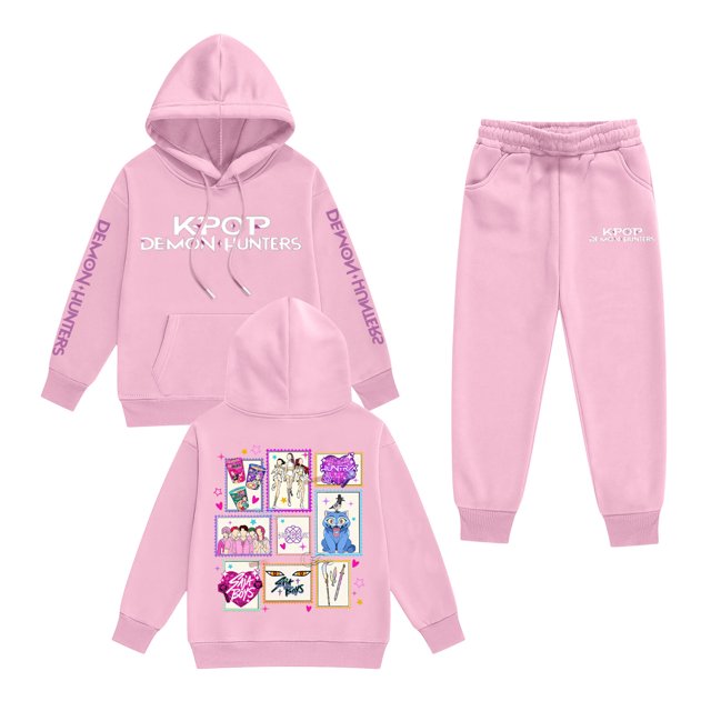 Pop cazadora para niña Demon Hunters Printed Anime Print Long-Sleeved Hooded Sweatshirt Set for Children 3-16 Years (Pink)