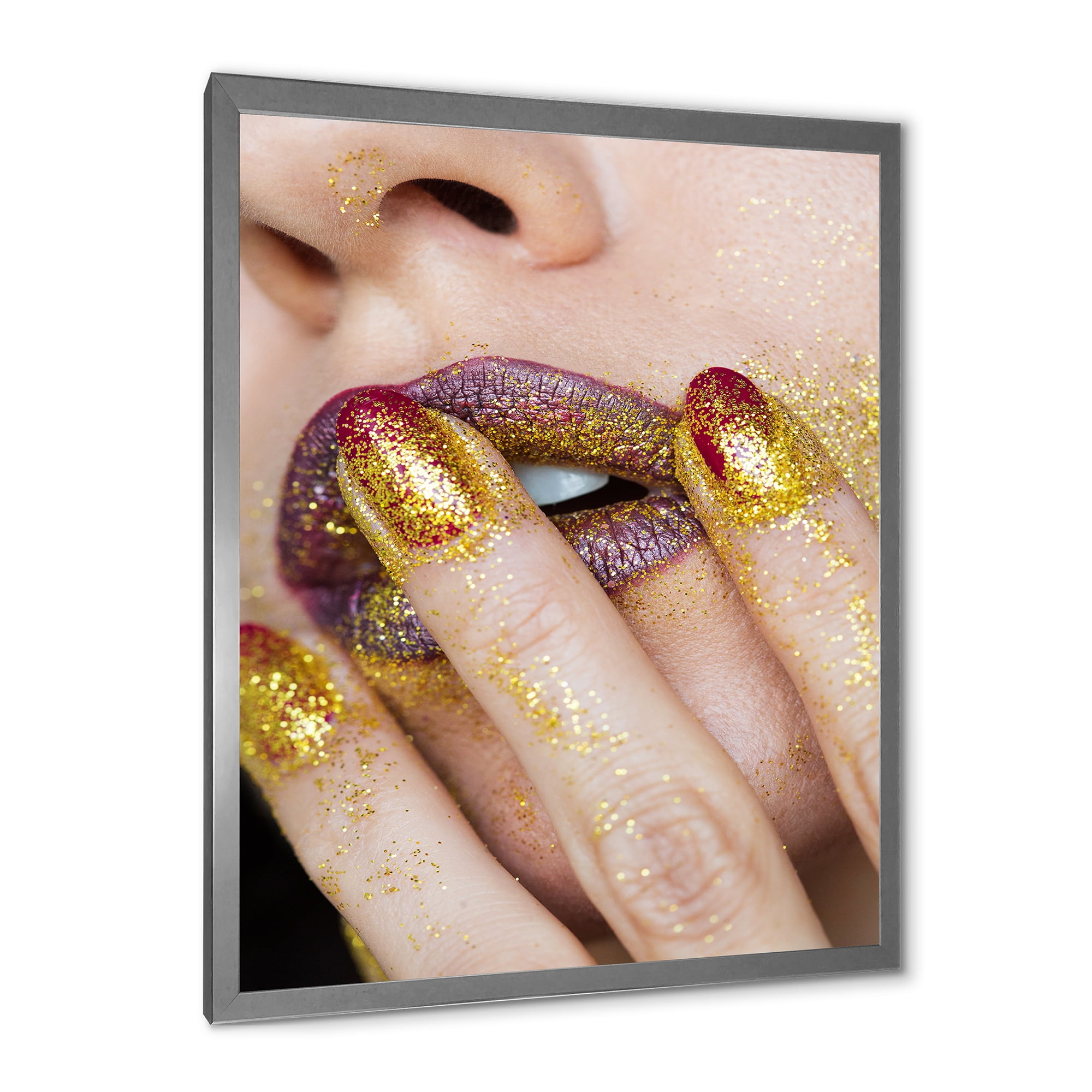 Designart 'Close-Up Of Woman Golden Gold Glitter Lipstick' Modern Framed Art Print