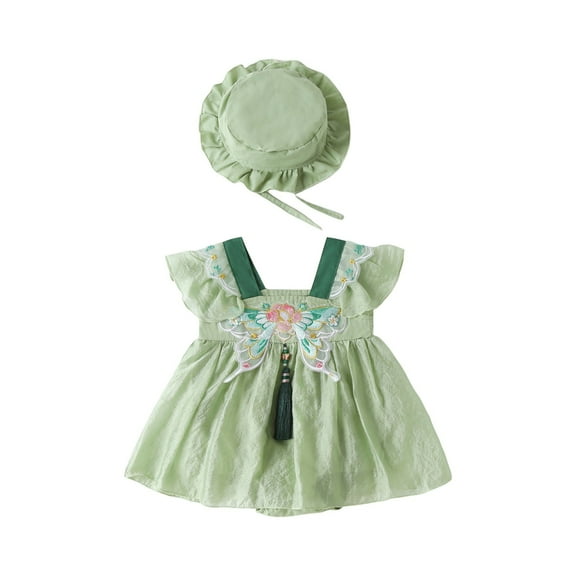 Otqutp Summer Baby Girls Cute Embroidery Print Fly Sleeve Romper with A Baby Cap Floral Sleeveless Ruffle Dress Cute Outfit Set(b-Green,12-18 Months)
