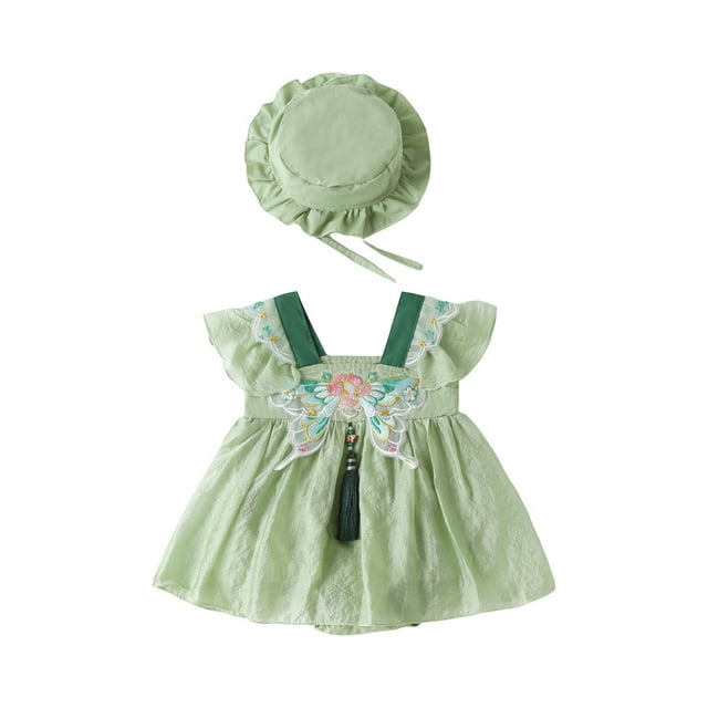 Catégorie de Produit Barboteuses pour Filles Titre du Produit Barboteuse d'Été pour Bébé Fille Broderie Robe à Manches Volantées avec Bonnet pour Bébé pour 1 à 2