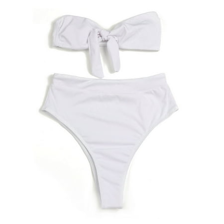 Women s Swimsuit Strapless Bandeau High Waisted Thong Bikini Set Bathing Suit - White