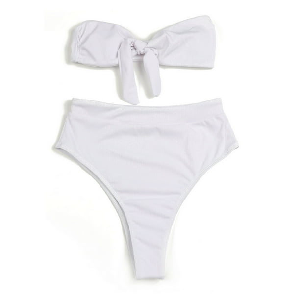 Conjunto de bikini bandeau con estampado floral para mujer, traje de baño sexy con nudo frontal y corte alto sin tirantes
