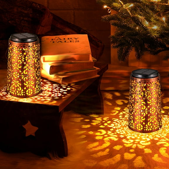 ROSHWEY 1 Pack Outdoor Solar Hanging Lantern Lights Metal LED Decorative Light for Garden Patio Yard Lawn and Tabletop with Hollowed-Out Design, Bronze Color, Petal Pattern