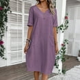 thumbnail image 2 of Women's Plus Size Dress Casaul Button Short Sleeve V-Neck Loose Solid Color Summer Beach Midi Dress with Two Pockets Purple S-2XL, 2 of 8
