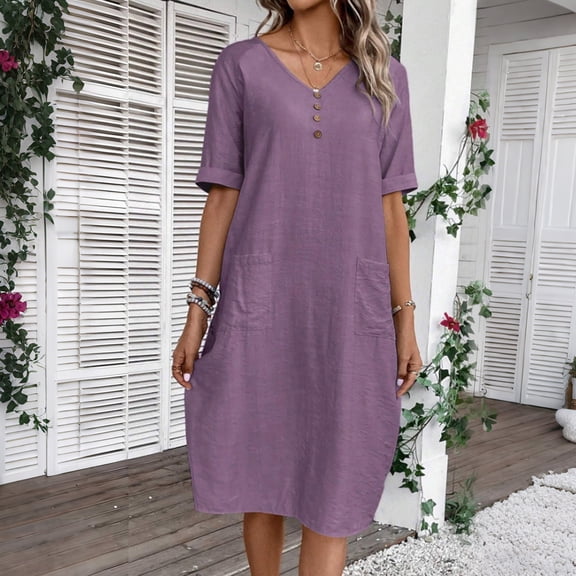 Women's Summer Dress with Pockets, V-Neck and Short Sleeves for Casual Comfortable Outfits