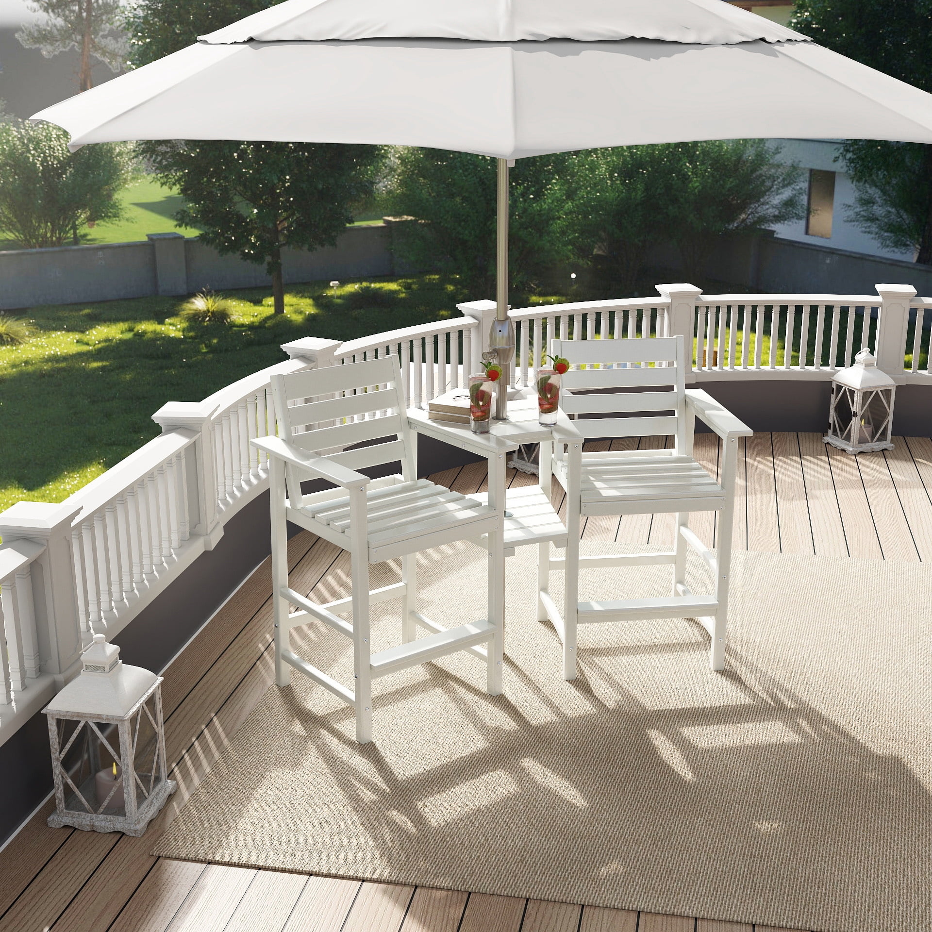 FOOWIN HDPE Plastic Tall Adirondack Chair Set of 2 W/ Outdoor Barstools and Connecting Tray, White