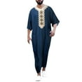 thumbnail image 2 of Pitauce Men's Short Sleeve V-Neck Ethnic Stripe Print Long Robe Casual Loose Fit Long Gown Plus Size Kaftan Thobe Loungewear, 2 of 5