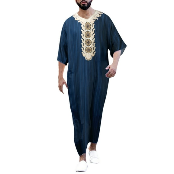 Fancifize Mens Kaftan Thobe Long Sleeve Printed Casual Robe Muslim Gown Shirt for Men Maxi Long Kaftan Robe Arab Kaftan Ramadan Cloth