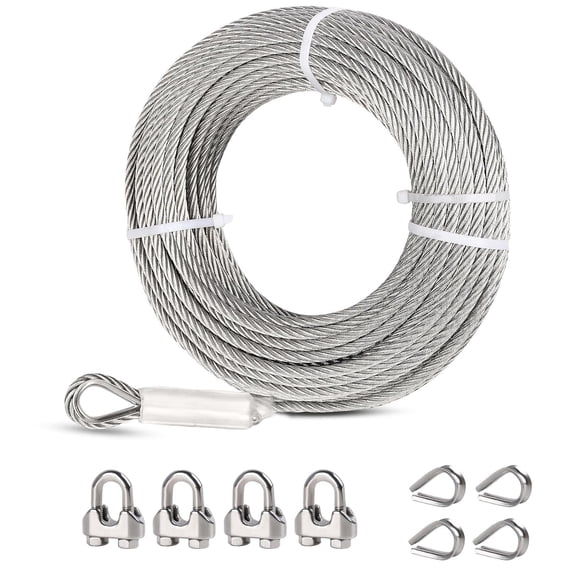 TooTaci 1/4" Stainless Steel Cable, 25ft Wire Rope with Clamps,7x19 6400lbs Break Strength with Looped Ends for Zip line, Boat Lifts, Deck Railing