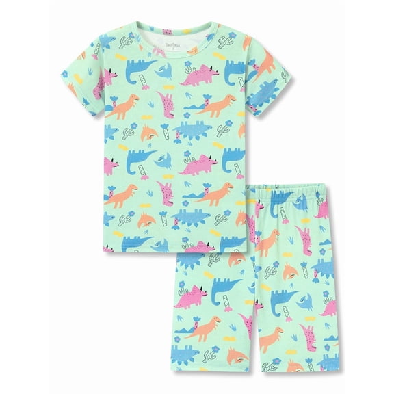 Beezizac Girls' Short Sleeve Pajama Set Cotton Slim Fit All-Over Cute Dinosaurs Print Soft Kids Sleepwear Size 8