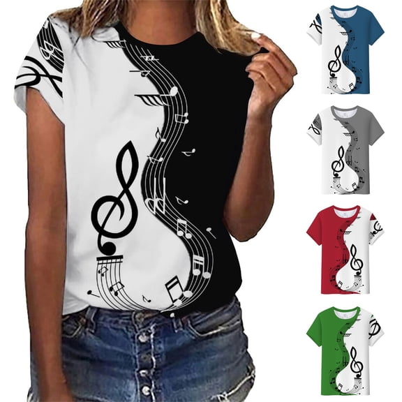 Trendfront Womens Summer Crew Neck Short Sleeve Tops Musical Note Graphic Pattern Print Tees Casual Everyday Style Wear T-Shirts