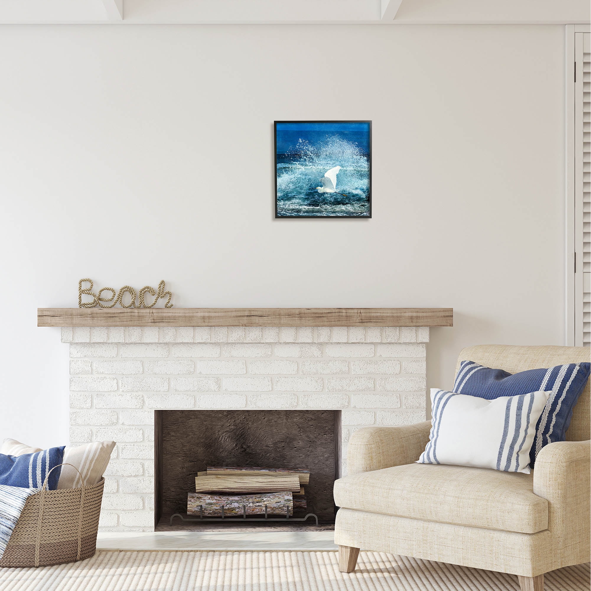 Stupell Industries Egret Flying Waves Splashing Coastal Painting Black Framed Art Print Wall Art