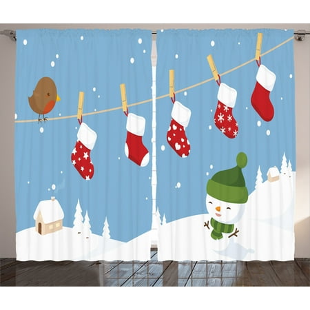 Christmas Curtains 2 Panels Set Little Bird And Christmas Socks