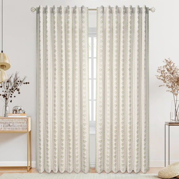 Alishomtll Boho Farmhouse Curtains Linen Light Filtering Sage Green Geometric Striped Window Drapes ,52"x84", 2 Panels