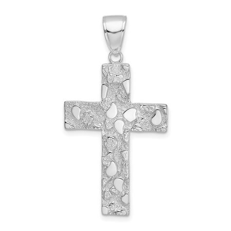 - 14k White Gold Gold Polished and Textured Nugget Block Style Cross Pendant (2.24 gram)