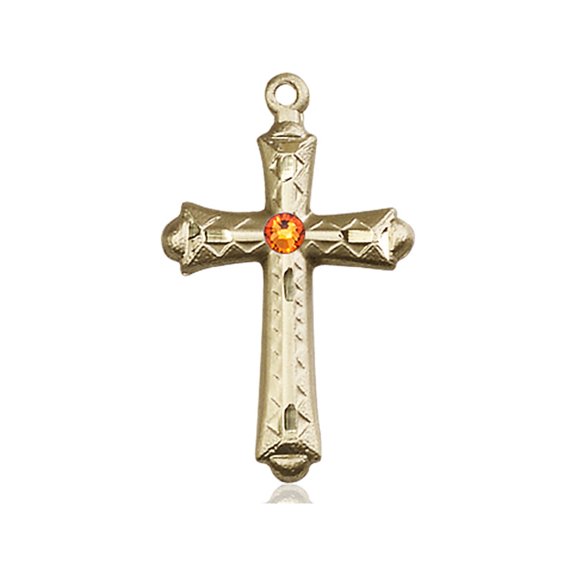 14kt Yellow Gold Cross Medal with 3mm November Yellow Swarovski Crystal 1 1/8 x 5/8 inches