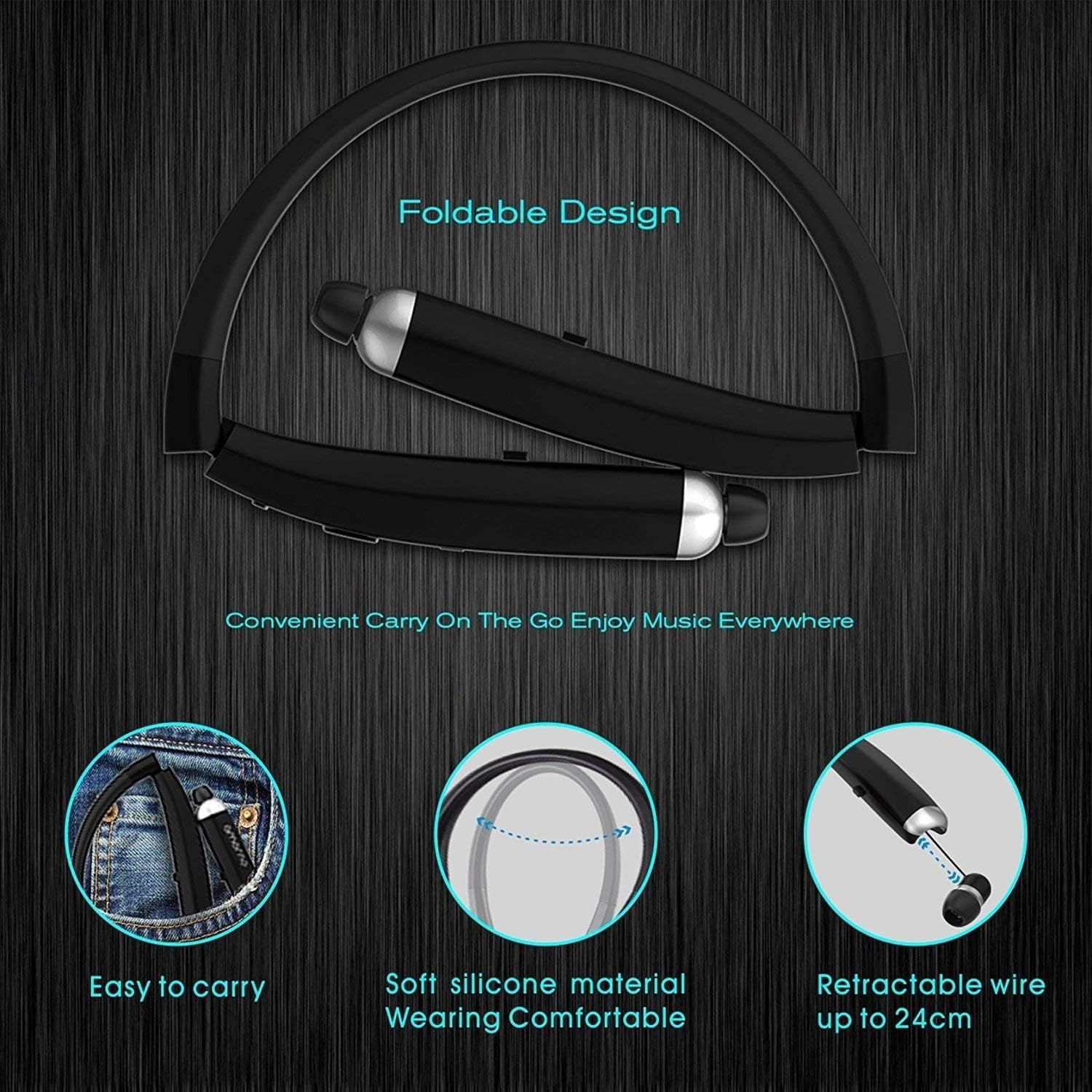 Foldable Bluetooth Headphones, Wireless Neckband Sports Headset with Retractable Earbuds, Sweatproof Noise Cancelling Stereo Earphones with Mic
