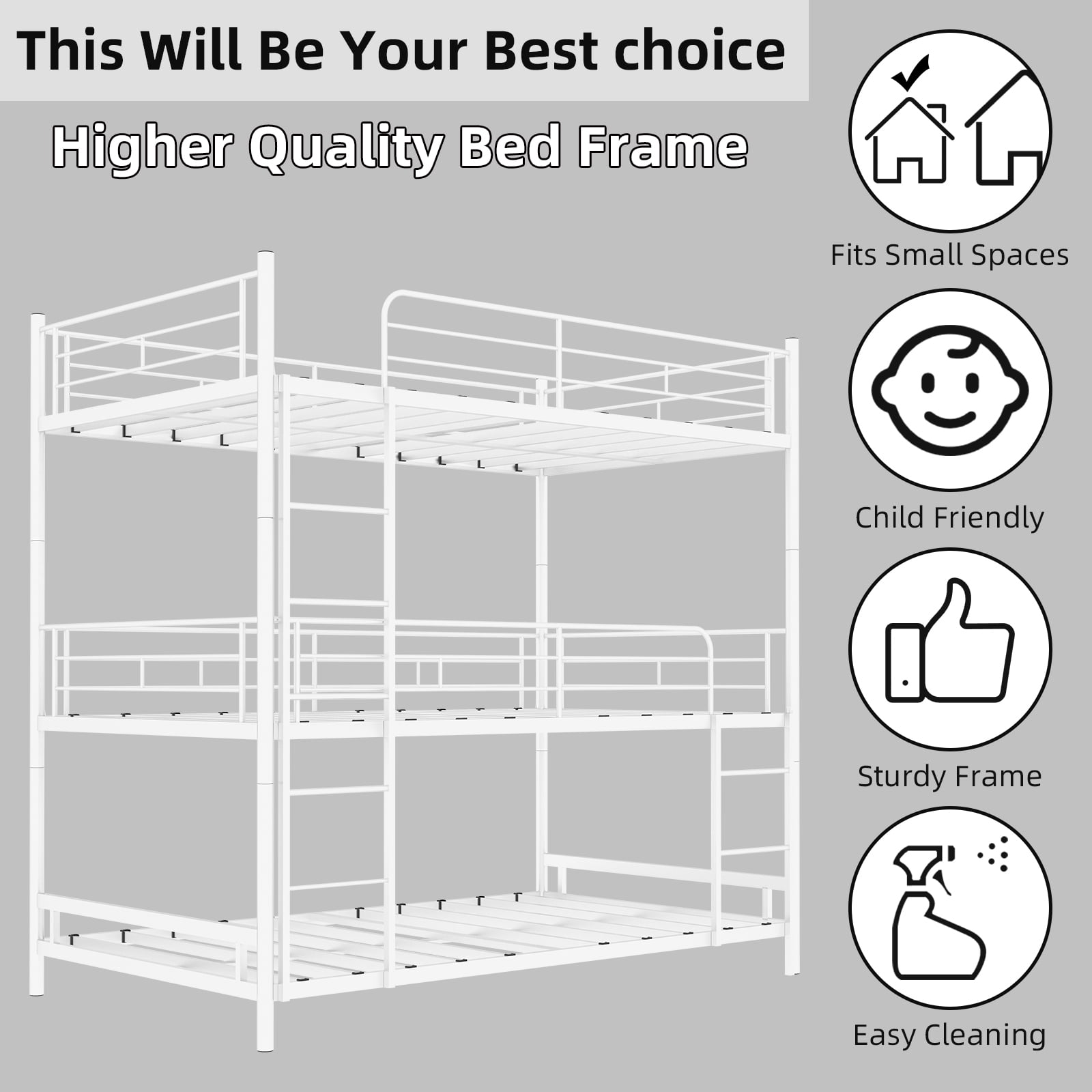 Alvantor Triple Bunk Bed Twin Over Twin Over Twin 3-in-1 Metal Bed Frame for Kids Teens with Ladders and Safety Guardrails White