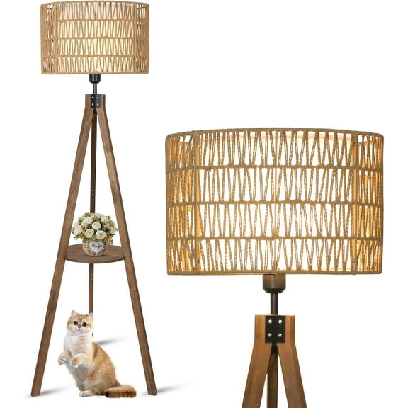 Boho Tripod Floor Lamps for Living Room, Rattan Wood Floor Lamp with Fabric Shades, Mid Century Standing Lamp with Shelf, Foot Switch, Modern Farmhouse Tall Lamps for Bedroom Office Brown