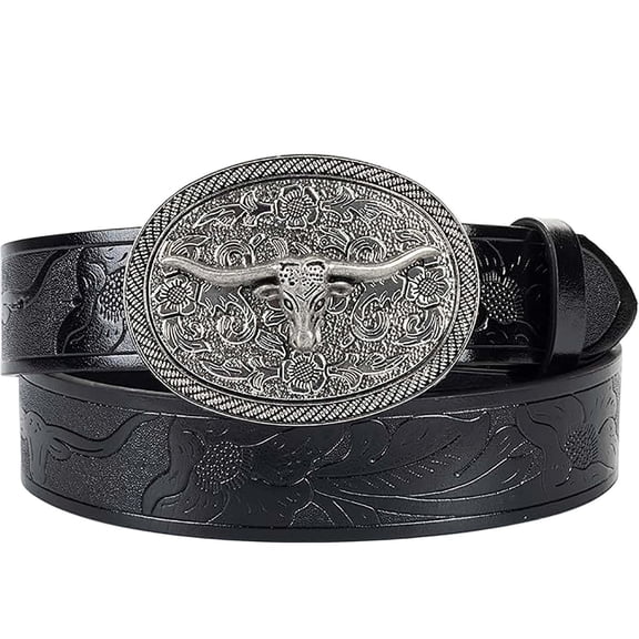 Ceisia Men Tooled Floral Embossed Leather Western Belt Longhorn Bull Skull Oval Buckle Vintage Cowboy Style Jean Waist Strap Gift