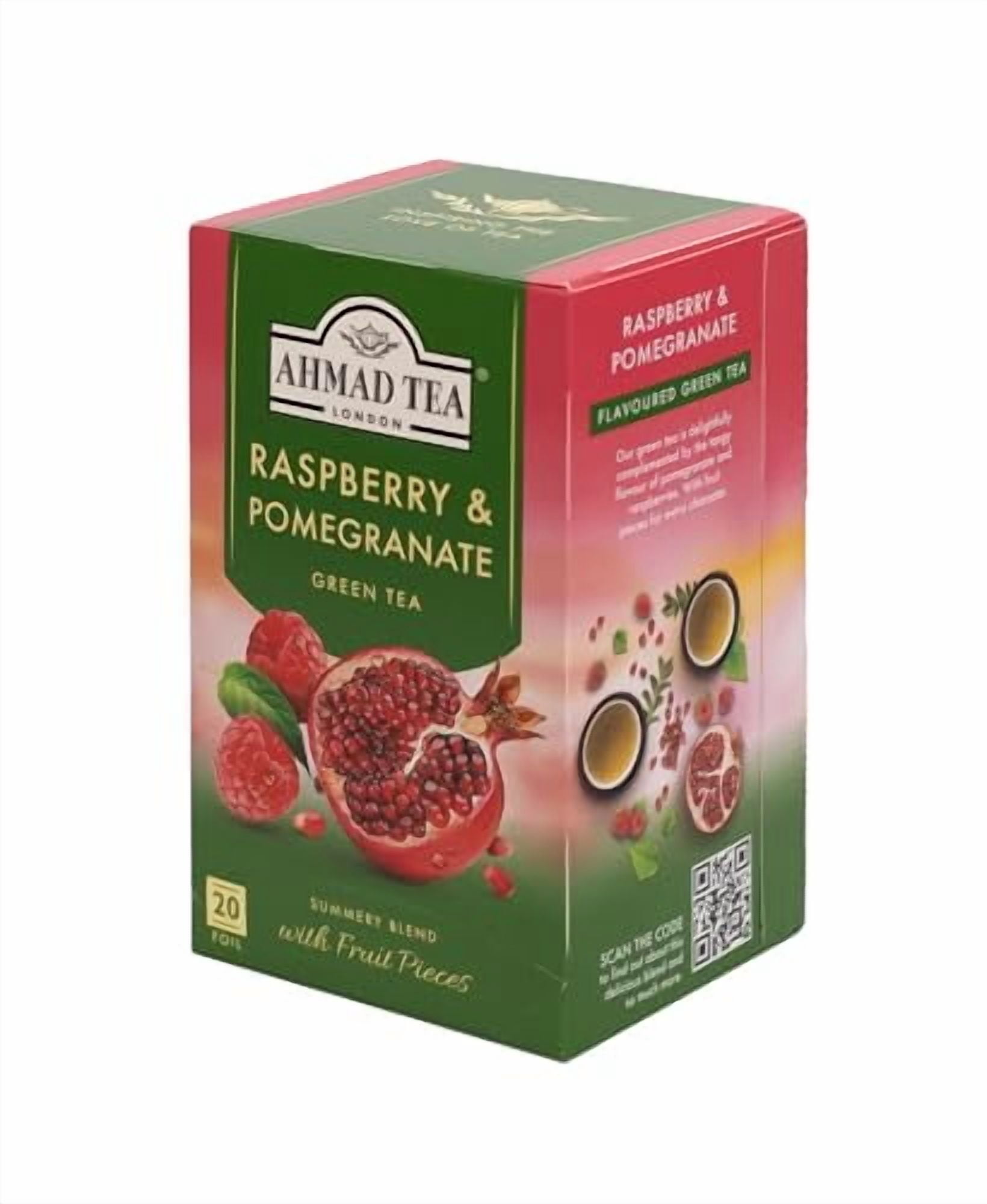 6 packs -Ahmad Raspberry & Pomegranate flavored Green Tea with Fruit Pieces 20 T/B