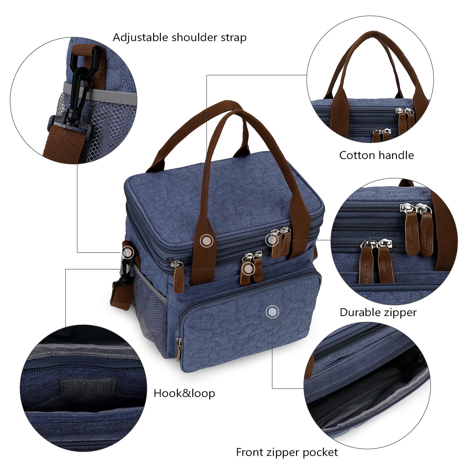 Insulated Lunch Bag Lunch Box Expandable Double Deck Cooler Bag Leakproof Side Tissue Pocket, Adjustable Shoulder Strap for Picnic Camping Hiking School Work, Blue