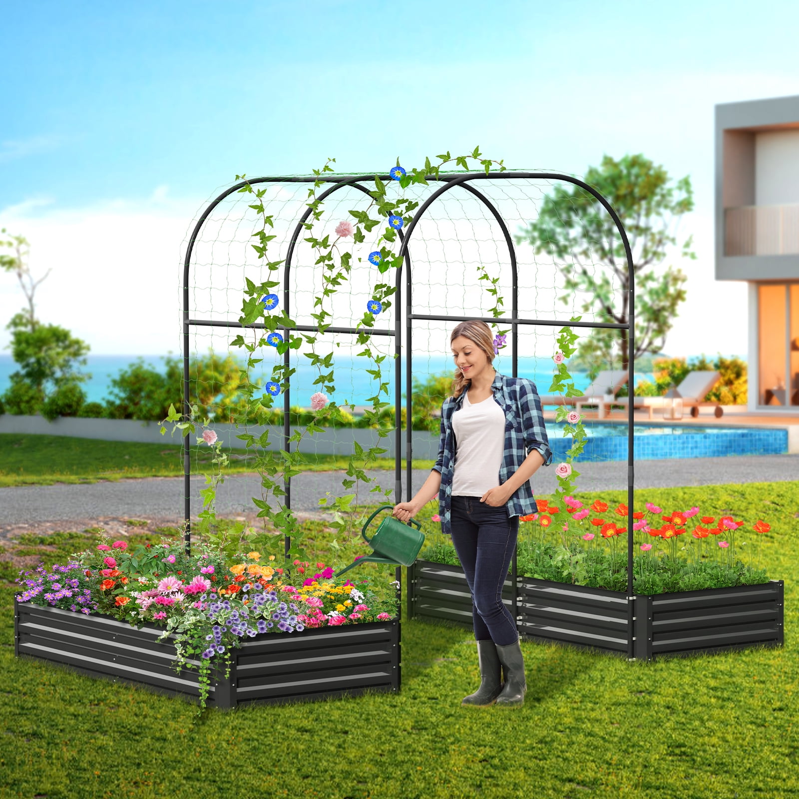 ABORON 3 in 1 Galvanized Raised Garden Bed with 85in Tall Arch Trellis for Climbing Vine Herbs Vegetables Flowers, Metal Raised Garden Bed Kit with Trellis, Plant Ties, Climbing Supporting Netting