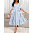 thumbnail image 4 of Blue Eyelet Embroidery Square Neck Short Sleeve A-Line Midi Dress With Scallop Hem, 4 of 7
