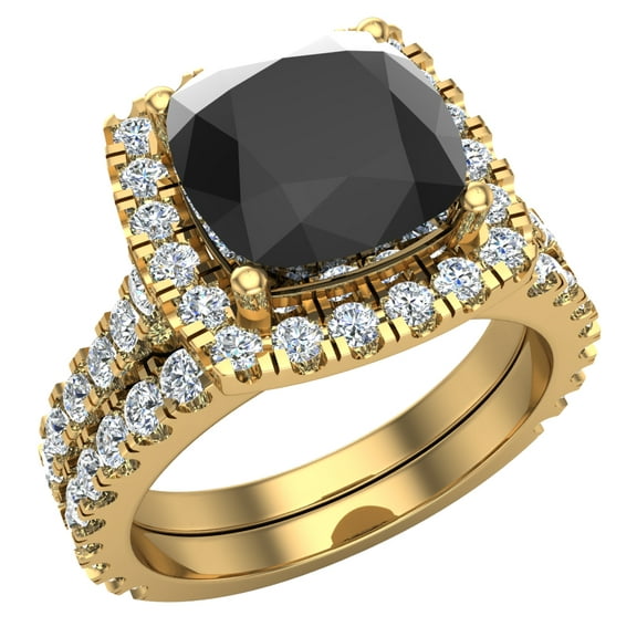 14K Gold Wedding Ring Set for Women Cushion Cut Black Diamond Halo Rings 3.30 Carat