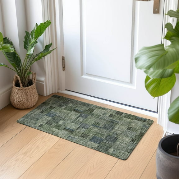 Addison Rugs Chantille Indoor/Outdoor Transitional Squares Green Washable Rectangle Rug, 1'8" x 2'6"