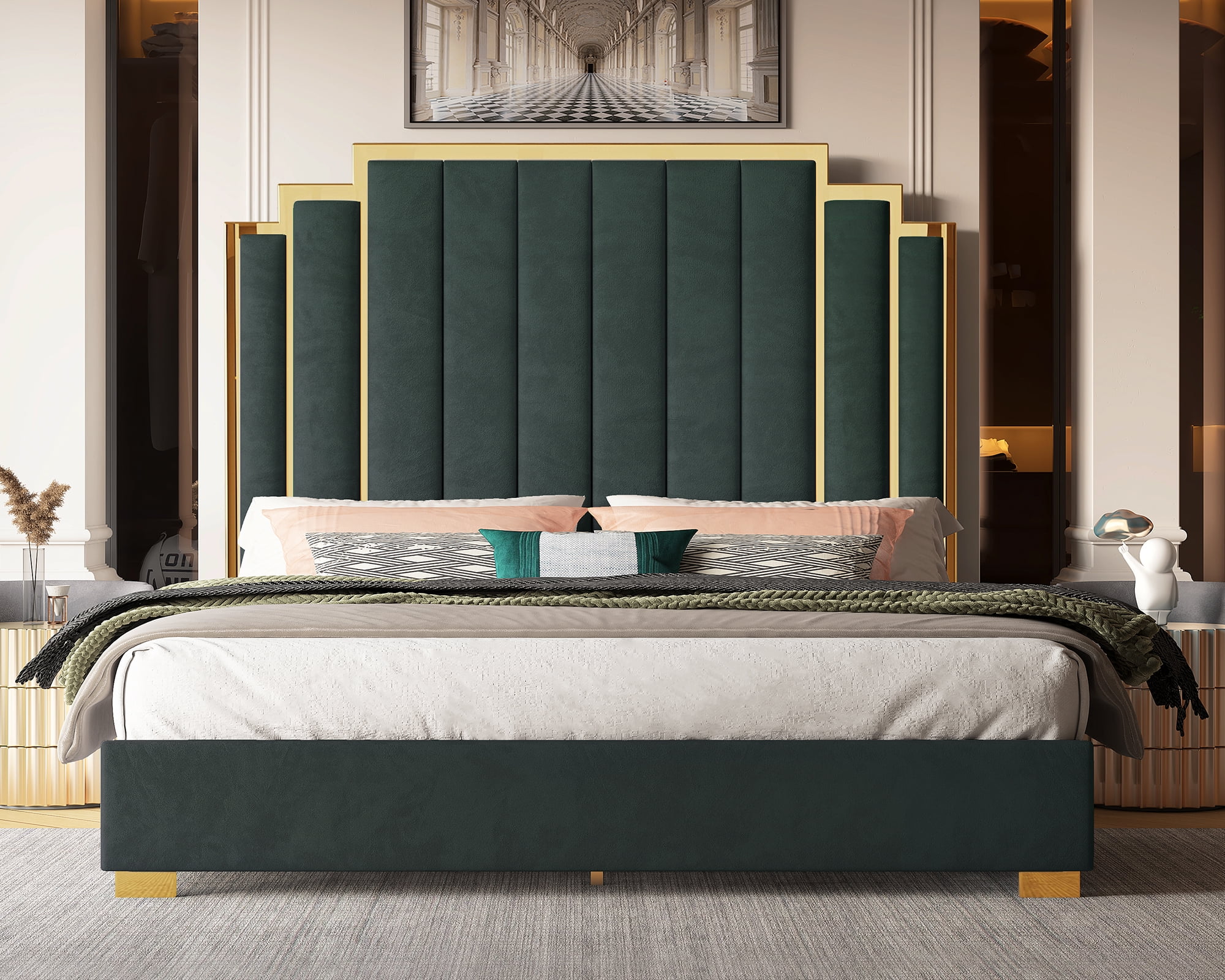 VanAcc King Size Bed Frame and 65" Headboard, Upholstered Bed with Golden Plating Trim, Green