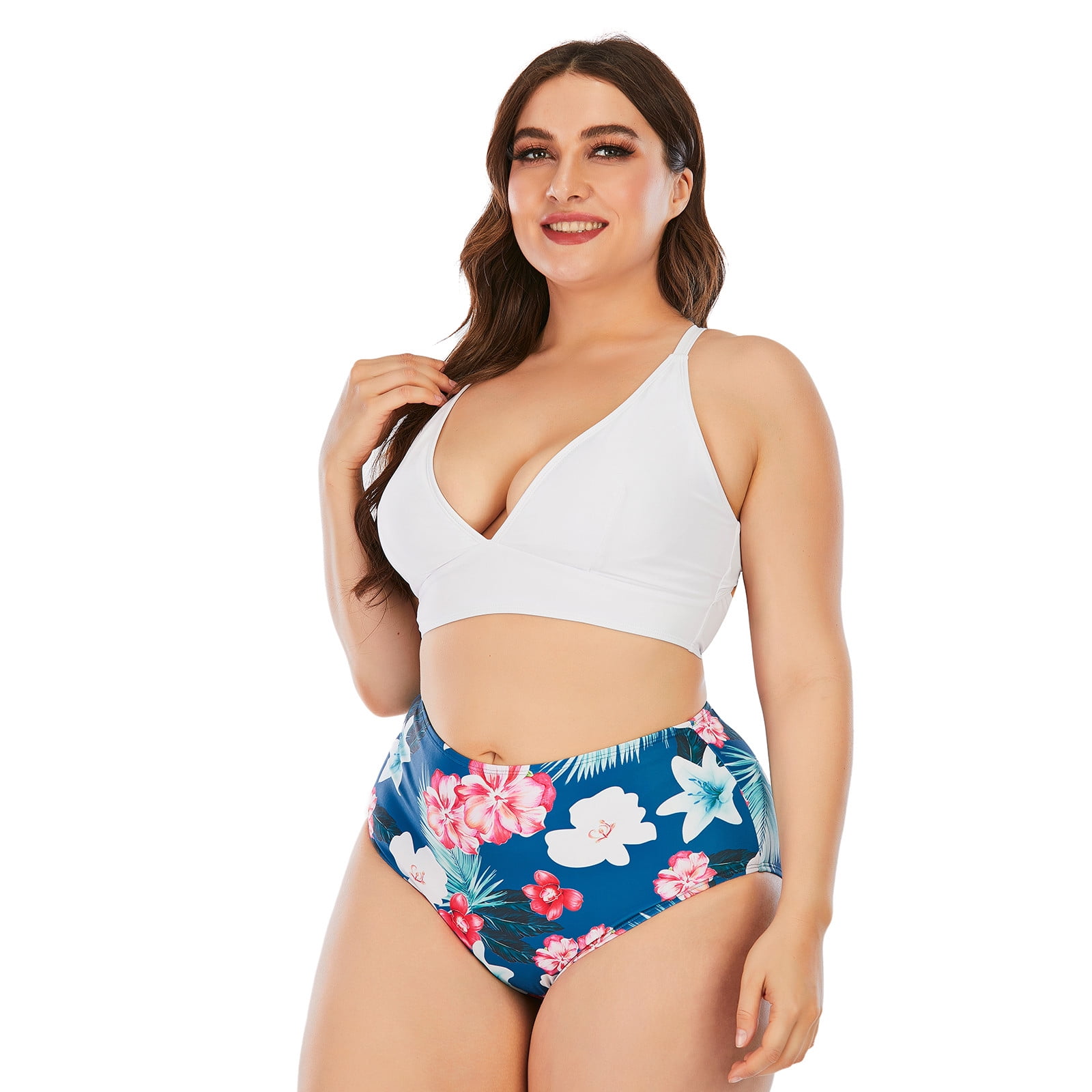 WREESH Femmes Plus Taille Split Type Fronce Ventre Controle Maillot de Bain Maillots de Bain Bikini